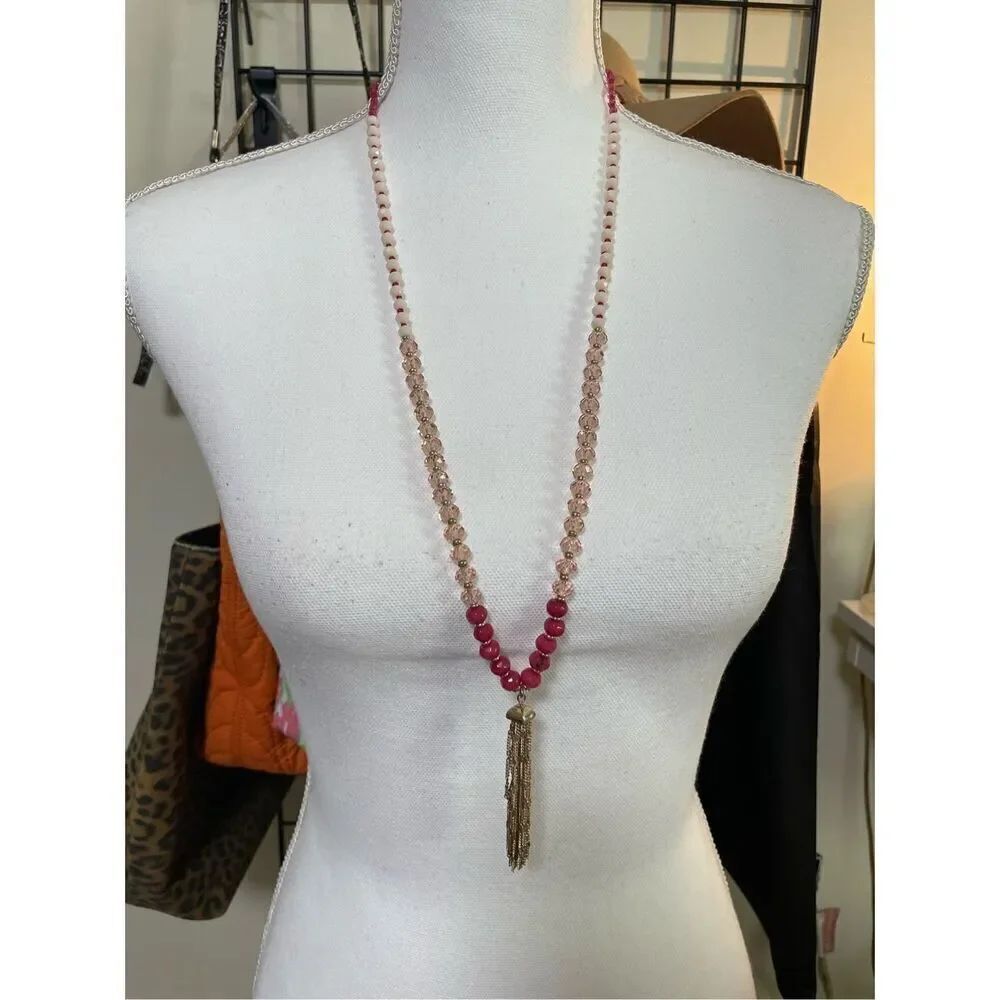 Valentines Beaded Tassel Necklace Red Pink with Gold Star Tassel